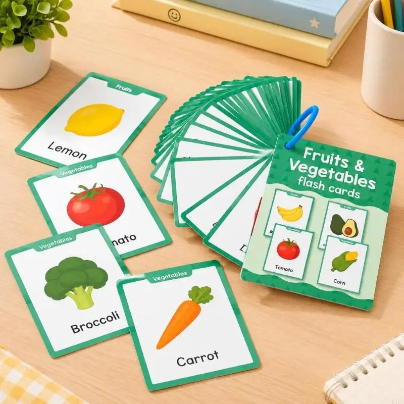 20 Sheets Spanish Fruit and Vegetable Learning Flash Cards, Ring-Bound Picture Word Set Covering 38 Vocabulary Terms for K1KF Quake