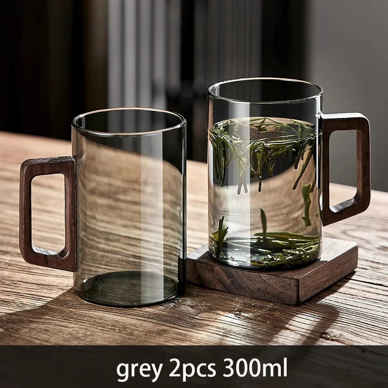 120/200/300/360ml Glass Cups With Walnut Handle Coffee Mug Set Heat-resistant Teacup Household Office Drinking Glasse 2pcs Quake 300ml 2pcs grey 120-360ml