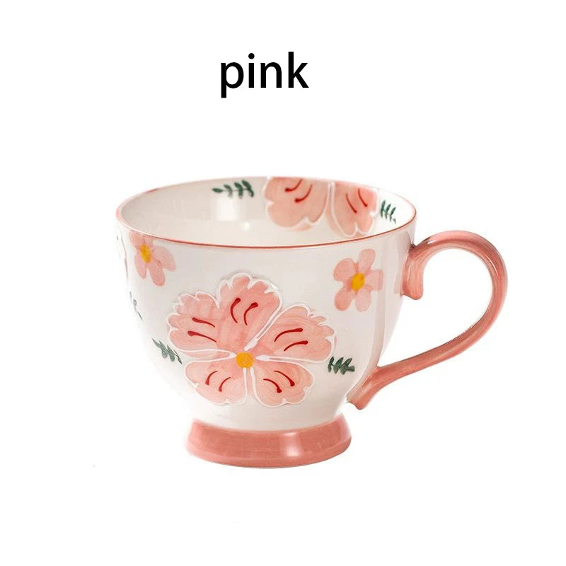 1pcs Flower Ceramic Mug Heat-resistant Breakfast Milk Oat Cup Hand Drawn Large Capacity Juice Handle Cup Microwave Safe 450ml Quake pink 450ml