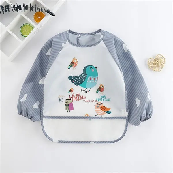 Apron Pocket Infan Baby Long Sleeve Scarf Waterproof Toddler Art Smock Feeding Bibt Boys Girls Burp Cloth Banana Bibs for1-3Year Quake B31 Colorful Birds 0-3Years