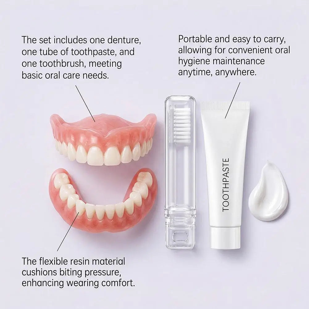 New Instant Smile Moldable Silicone Denture Kit, Natural Ivory Upper & Lower False Teeth With Toothbrush & Toothpaste Quake