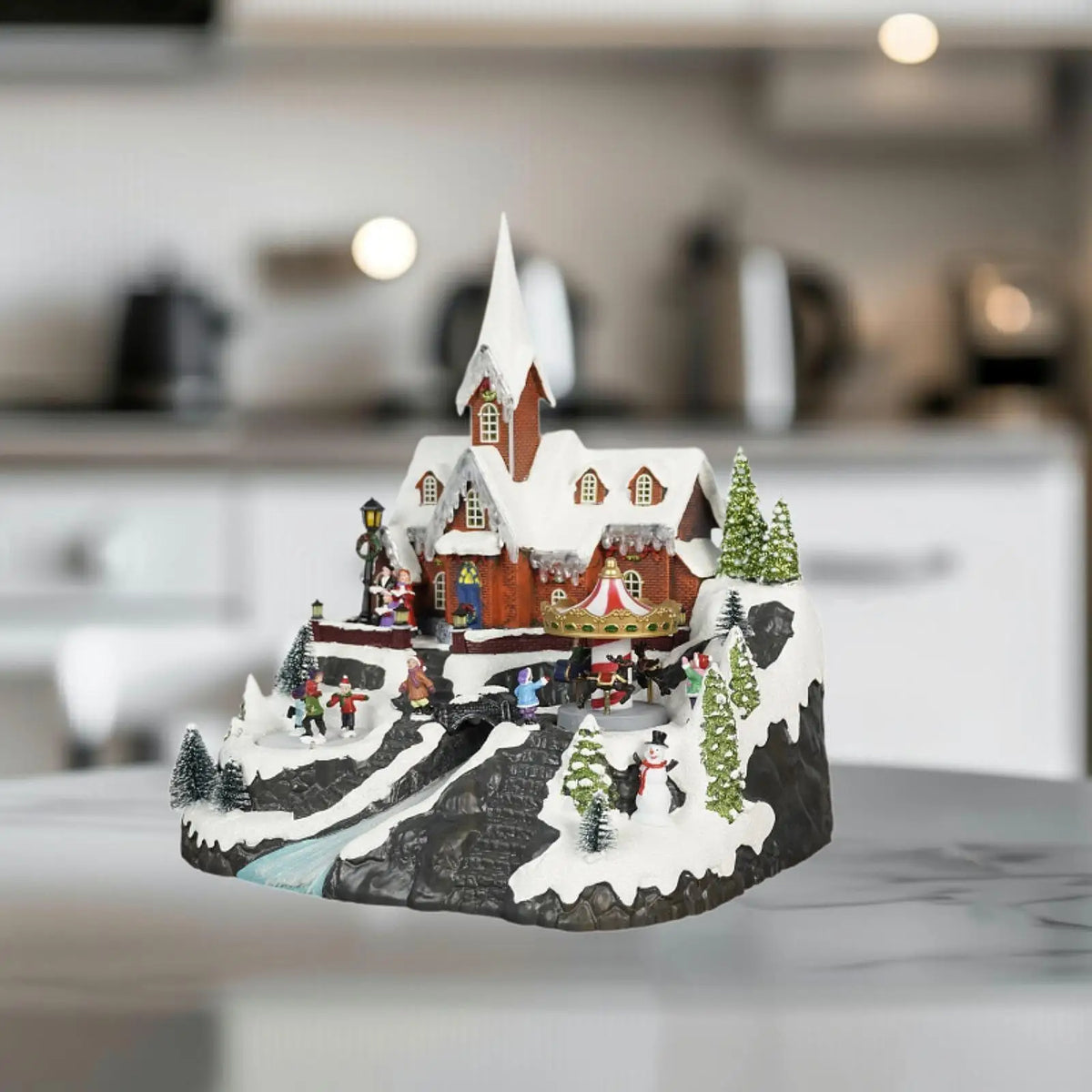 Christmas Village House Figurine Rotatable Skaters Table Centerpiece Sculpture for Shelf Fireplace Xmas Decor Bedroom Indoor Quake