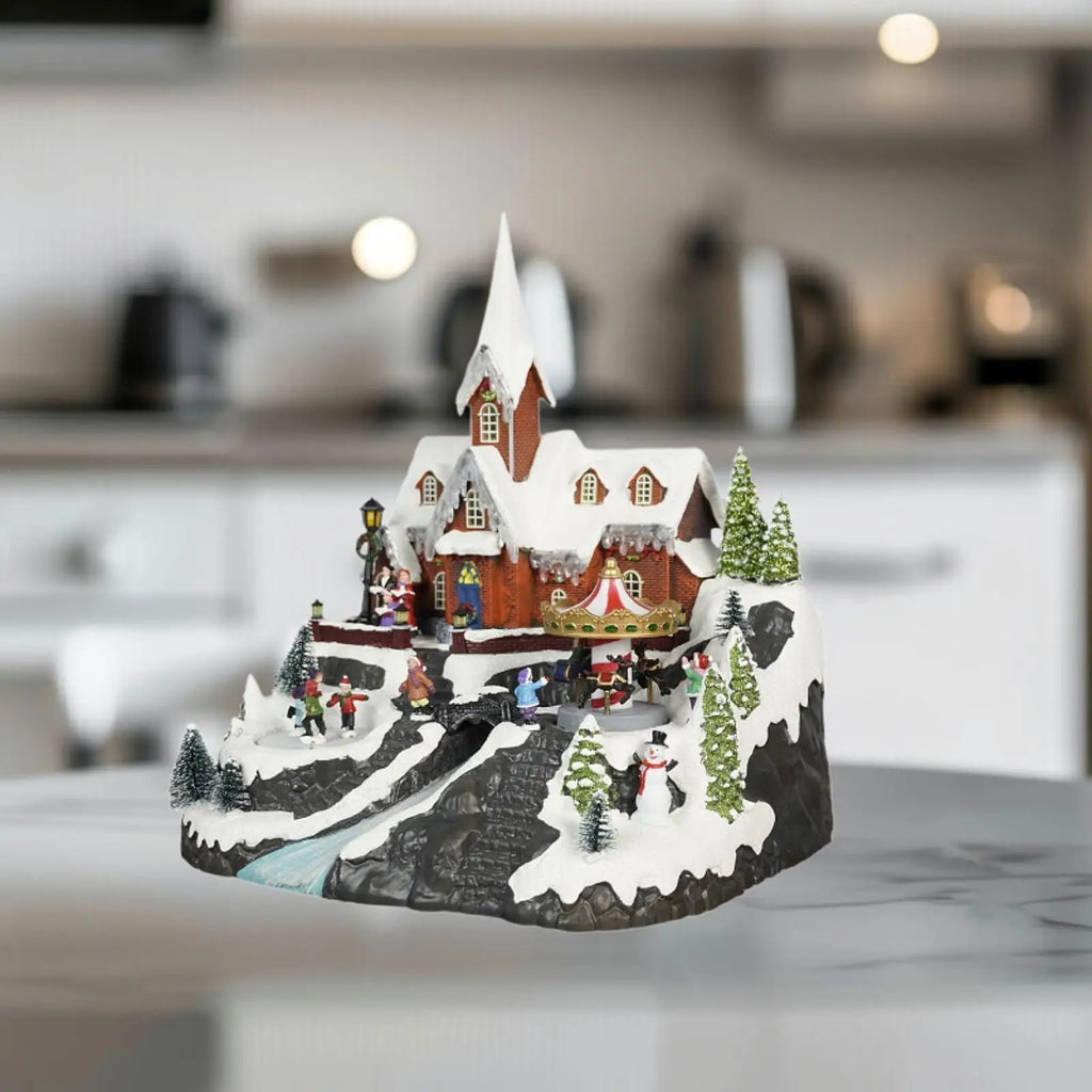 Christmas Village House Figurine Rotatable Skaters Table Centerpiece Sculpture for Shelf Fireplace Xmas Decor Bedroom Indoor Quake
