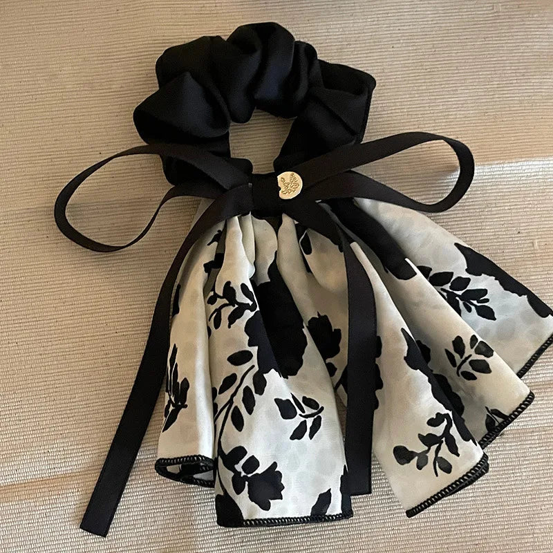 French Elegant Flower Streamer Bow Large Intestine Hair Band Women's New Retro High-end Headband Gentle Headgear Women Quake