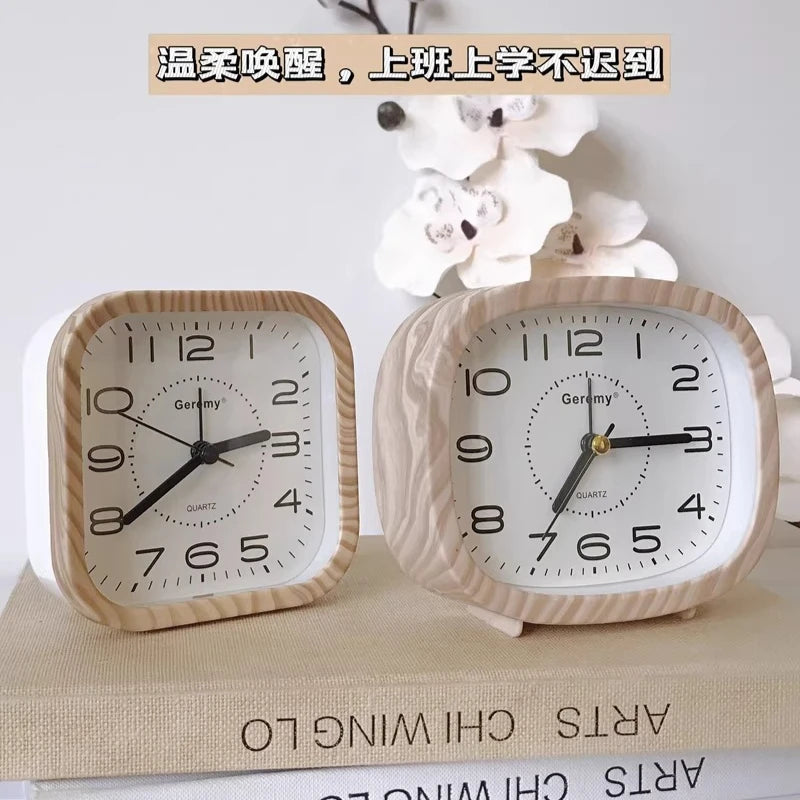 Simple retro imitation wood grain alarm clock - home desktop square clock ornament - student large digit bedside clock Quake