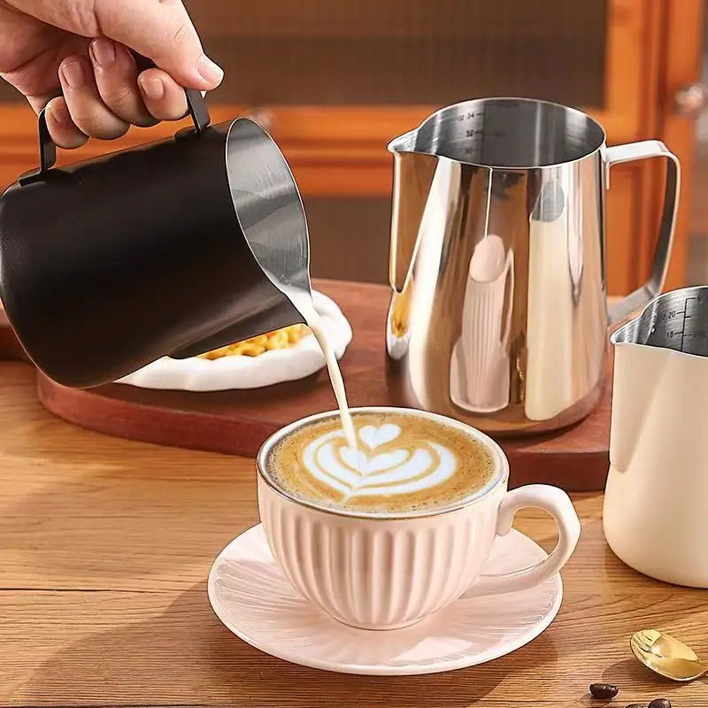 Stainless Steel Coffee Latte Art Pitcher with ScaleThickened Pointed Spout Milk Frothing Cup Coffee Milk Jug for Home Cafe Quake