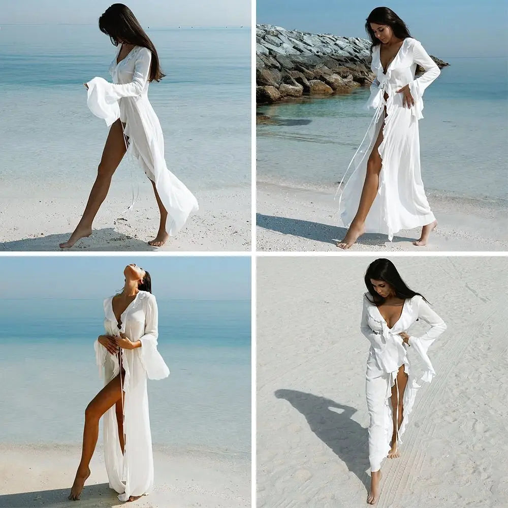 Fashion V Neck Summer Beach Cover Up Ruffled Loose Beach Dress Long Sleeve Vacation Bikini Sunscreen Smock for Women Quake