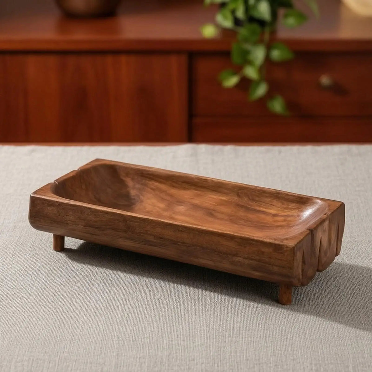 Teak Wood Snack Tray with Raised Sides for Serving Fruit Nuts and Appetizers on Coffee Table Decor Quake