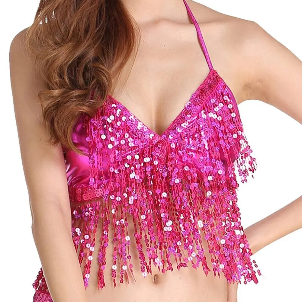 Women Tassel Nightclub Dance Wear Performance Top Belly Dance Bra Show Costumes Halter Bra Quake Rose red