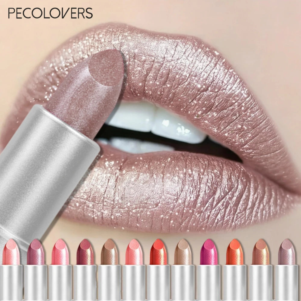12 Pcs/set Elegant Glitter Lipstick for Woman, Shimmer Golden Pink Colors Tones, Sparkling Metallic Colos, All Light Beige Types Quake