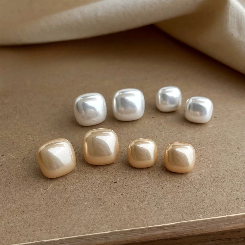 Soft Rounded Square Imitation Pearl Silver Stud Earrings Multi-size White Champagne Minimal Commute Luxury Women Ear Jewelry Quake