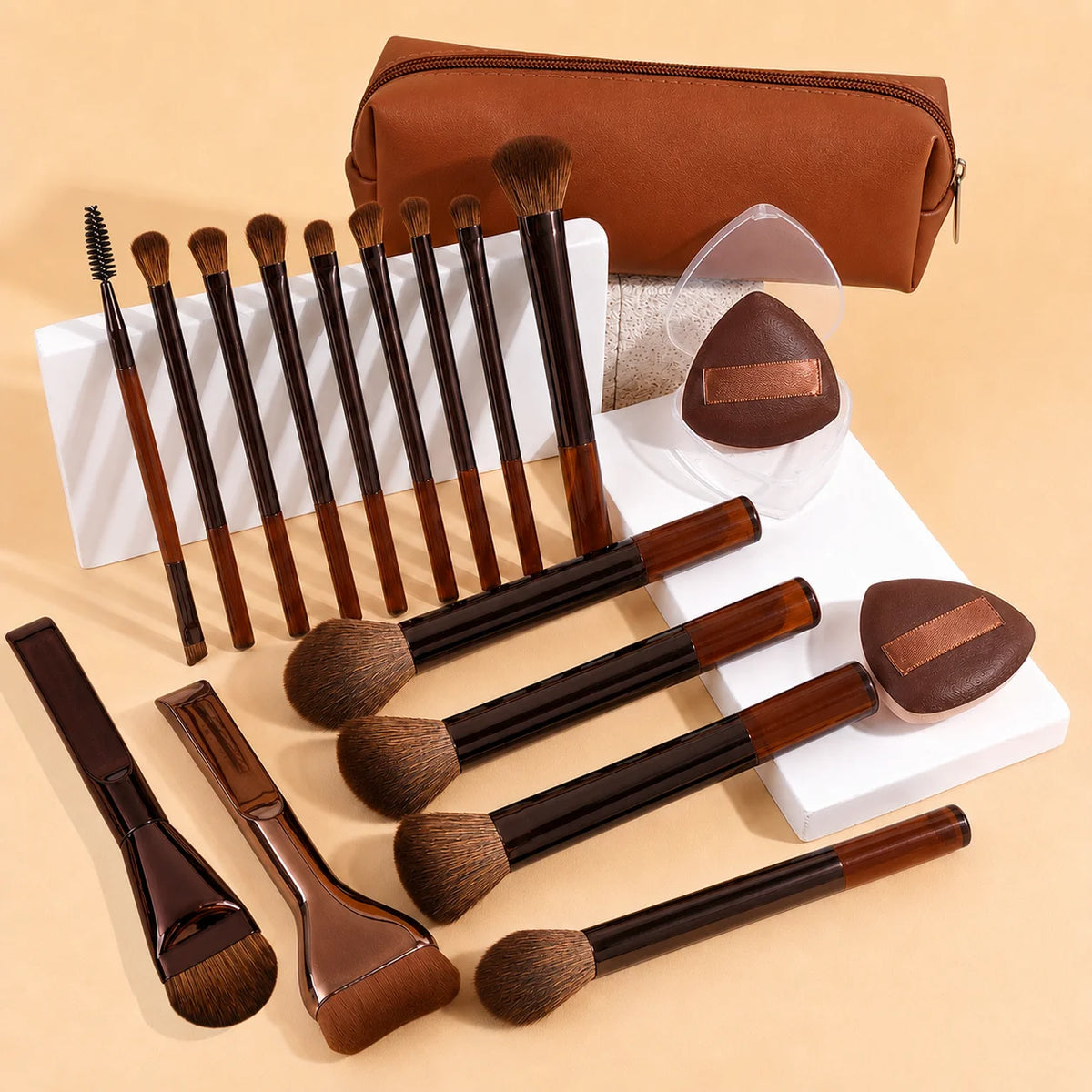 Makeup Brush Set - 18pcs High-Value Multi-Functional - Including 15 Makeup Brushes + 2 Powder Puffs + Makeup Bag - Travel-Friend Quake