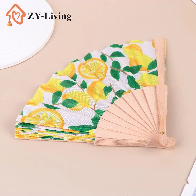 1Pcs Lemon Print Folding Hand Fan Fruit Pattern Bamboo Fabric Handheld Fan For Summer Cooling Dance Performance Party Decor Quake