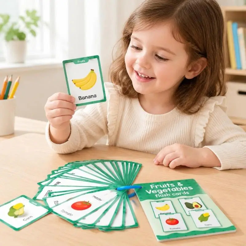 20 Sheets Spanish Fruit and Vegetable Learning Flash Cards, Ring-Bound Picture Word Set Covering 38 Vocabulary Terms for K1KF Quake