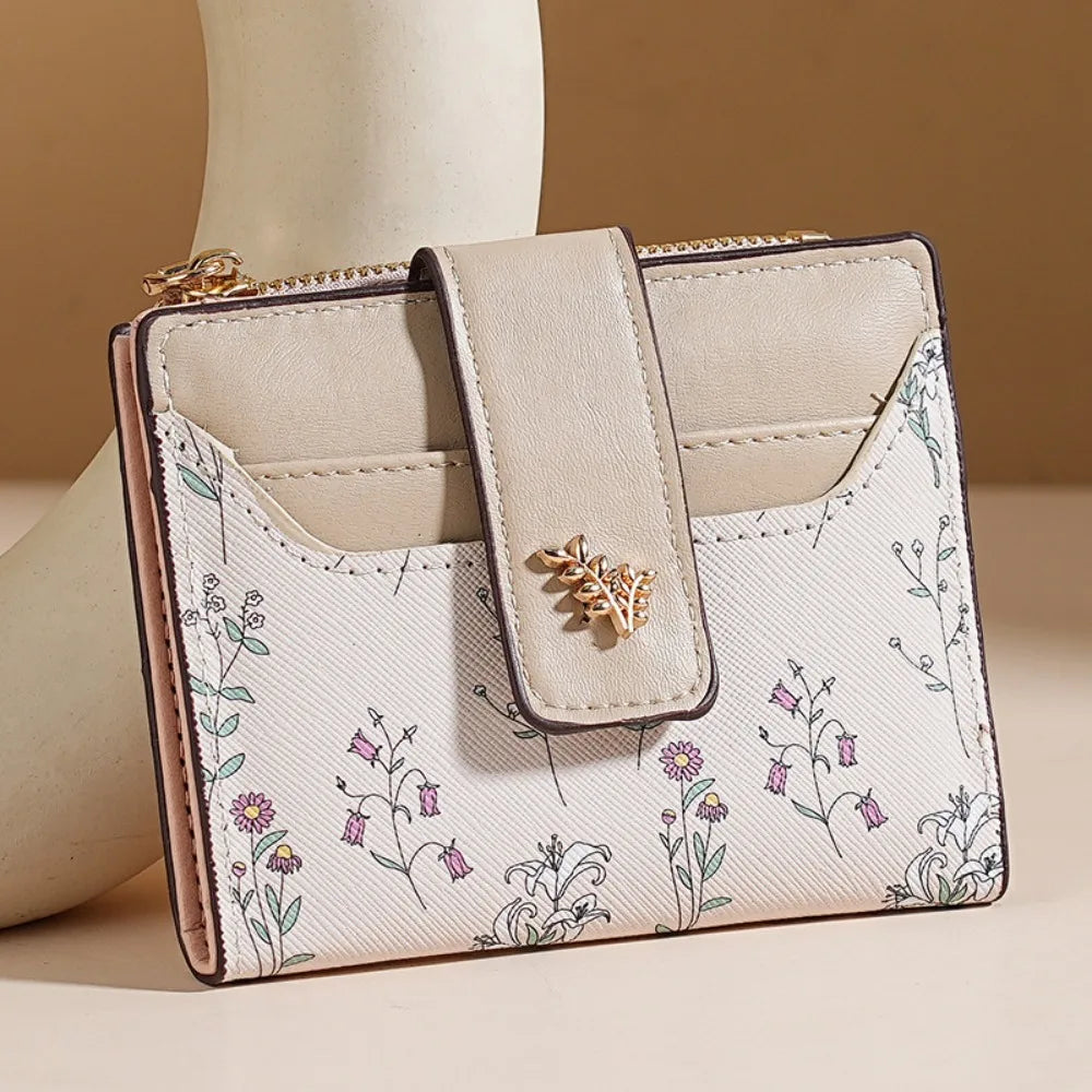 Fashion PU Leather Women Short Wallet Multi-Cards Small Flowers Slim Small Wallet Zipper Hasp Coin Purse Women Quake Khaki