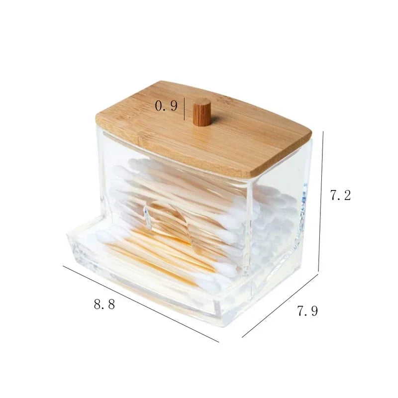 Organize Box Double Head Cotton Swab Storage Box Cotton Container Transparent Square Bamboo Cover Cotton Swab Toothpick Quake